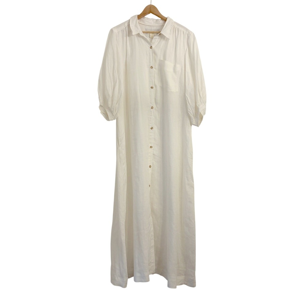 Anthropologie Maeve Mona Linen Shirt Dress XL Maxi Puff Sleeve NWT MISSING BELT
